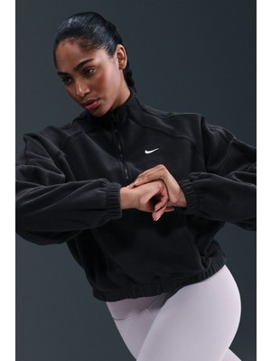 Nike One Oversize Therma-Fit Half Zip Womens Sweatshirt Bol Kesim Yarım Fermuar Dik Yaka Polar Kadın Sweatshirt Siyah