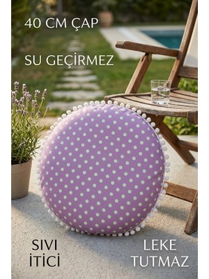 Rona Home Yuvarlak Minder 40 cm Çap Dekoratif Puantiyeli Minder Beyaz Ponponlu Leke Tutmaz Su Geçirmez
