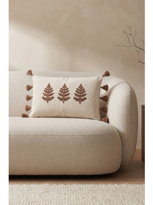 Dokuvia Buldan Işi Ağaç Motifli Kabartmalı Punch Nakışlı Püsküllü Pamuk Gizli Fermuarlı Dikdörtgen Kırlent Kılıfı 35X55 cm