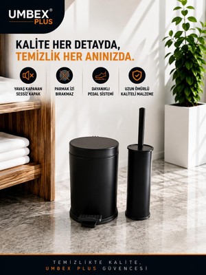 Umbex Plus 3 Lt Sıyah Metal Paslanmaz Çöp Kovası Wc Fırcası Çöp Kutusu Pedallı