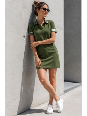 Haki Polo Yaka Şerit Detaylı Kadın Elbise MG2344