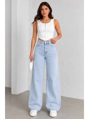 Lyvens Kadın Yüksek Bel Wide Leg Palazzo Jean Pantolon Bol Paça