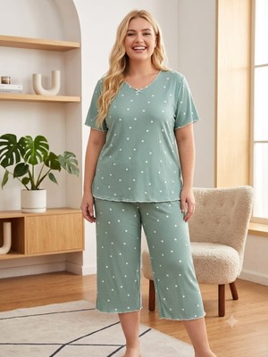 Asel Büyük Beden Kısa Kol  Ultrasoft Likralı Kapri Pijama Takımı