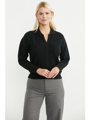 Sementa Motif Detaylı Polo Yaka Triko Kazak - Siyah