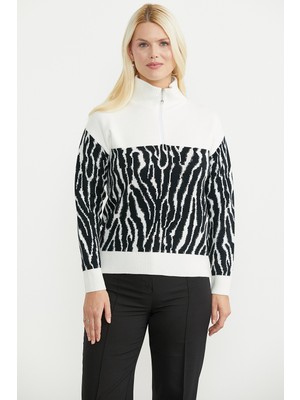 Sementa Zebra Desenli Yarım Fermuarlı Triko Kazak - Kemik