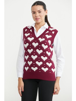 Sementa Kalp Motifli V Yaka Triko Süveter - Bordo