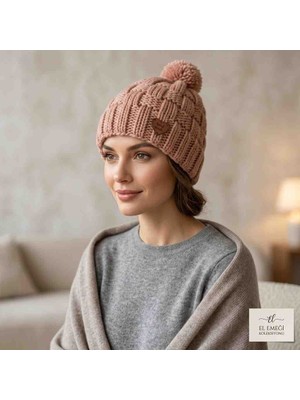 Reyn Handmade %100 El Örgüsü Sepet Örgü Desenli Kışlık Pudra Pembe Bere