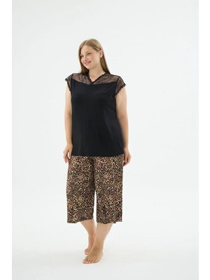 Sevim 17324 Siyah Leopar Dantel Detaylı Bluz Kapri Takım
