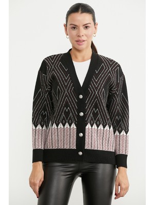 Sementa Oversize Desenli Triko Hırka - Siyah