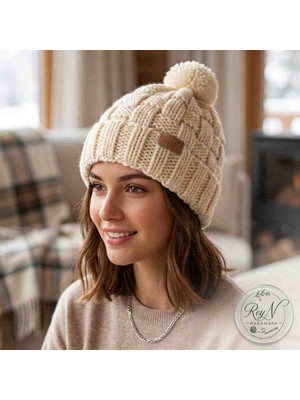 Reyn Handmade %100 El Örgüsü Sepet Örgü Desenli Kışlık Krem Rengi Bere