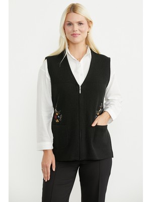 Sementa Fermuarlı Yünlü Triko Yelek - Siyah