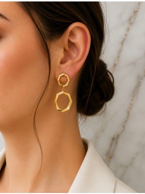 Tcey Geometrik Çift Halka Gold Sallantılı Çelik Küpe