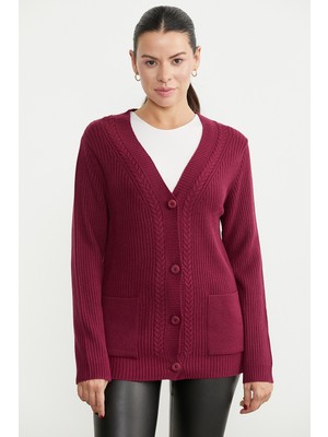 Sementa Cepli Oversize Düğmeli Triko Hırka - Bordo