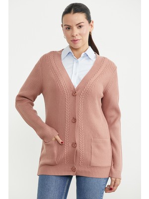 Sementa Cepli Oversize Düğmeli Triko Hırka - Gül