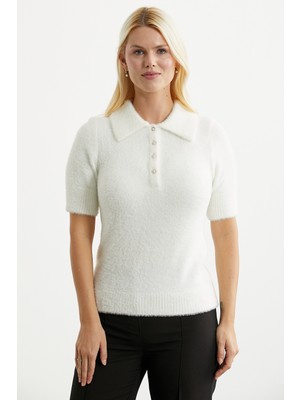 Sementa Polo Yaka Yumuşak Dokulu Triko Kazak - Kemik