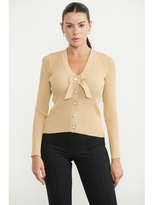Sementa Inci Düğmeli Fiyonk Detaylı Triko Hırka - Bej