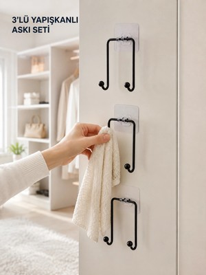 Çetiner Group® 3'lü Duvar Tipi Yapışkanlı Askılık Ev ve Yaşam Alanları Için Pratik Set