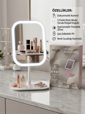 Prime Aydınlatma LED Işıklı Dimmerli USB Şarjlı Dokunmatik Makyaj Aynası Beyaz - 3 Renk Işık Modu 360 Döner Masaüstü Ayna Kare