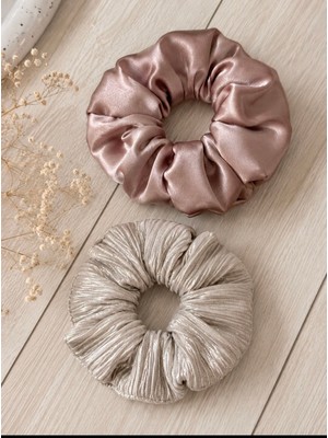 Tcey 2’li Oversize Scrunchie Lastik Toka Seti – Pudra & Şampanya
