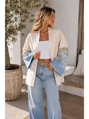 Benedetto Kadın Özel Tasarım Çiçek Dantelli Denim Detaylı Modern Kimono Ceket
