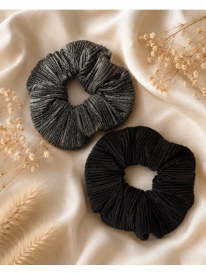 Tcey 2’li Oversize Scrunchie Lastik Toka Seti – Antrasit Simli & Siyah