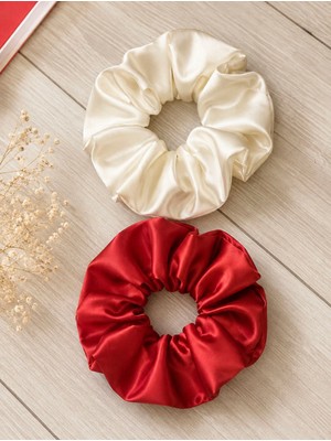 Tcey 2’li Saten Scrunchie Lastik Toka Seti – Kırmızı & Ekru