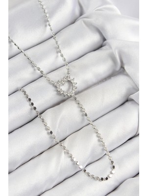 Marsilyan™- Pirinç Zirkon Taşlı Ezme Zincirli Kalp Model Gümüş Renk Y Kolye