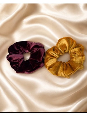 Tcey 2’li Kadife Oversize Scrunchie Lastik Toka Seti – Mürdüm & Hardal