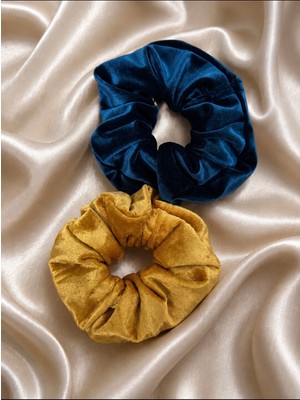 Tcey 2’li Kadife Oversize Scrunchie Lastik Toka Seti – Lacivert & Hardal
