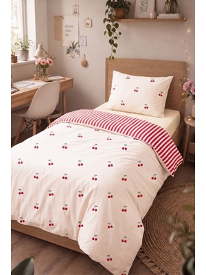 Medaillon Home Kiraz Desenli Tek Kişilik Nevresim Takımı | Pamuklu | 160X220 cm Nevresim, 1 Adet 50X70 cm Yastık Kılıfı ve Lastikli Çarşaf | Şık ve Zarif