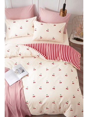 Medaillon Home Kiraz Desenli Çift Kişilik Nevresim Takımı | Pamuklu | 200X220 cm Nevresim, 2 Adet 50X70 cm Yastık Kılıfı ve Lastikli Çarşaf | Şık ve Zarif