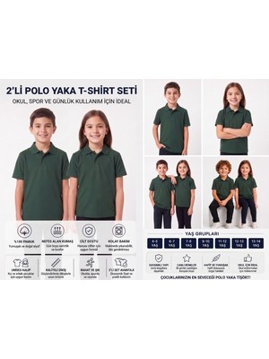 Secret Touch 2'li Paket Çocuk Kız Erkek %100 Pamuk Kısa Kollu Polo Yaka Okul Tişörtü