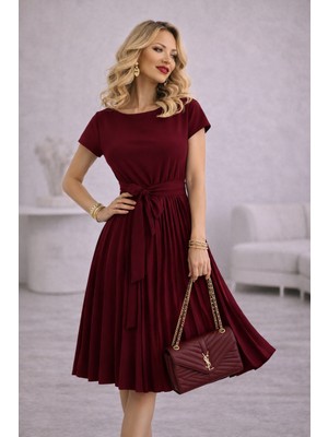 Renga Style Rengastyle Eteği Pileli Beli Kuşaklı  Krep Kumaş Elbise (Renkli)