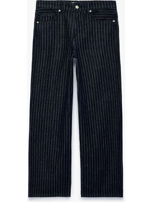 Koton Normal Bel Beş Cepli Düz Paça Pamuklu Baggy Kesim Çizgili Denim Pantolon - Baggy Jeans