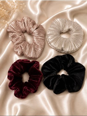 Tcey 4’lü Oversize Scrunchie Lastik Toka Seti – Bordo, Siyah, Pudra & Taş
