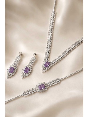 Gümüş Pazarım Prenses Serenadı Mor Taşlı Gerdanlık Gümüş Set