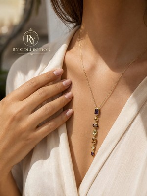 Ry Collections 7 Elementli Geometrik ve Farklı Şekillere Sahip Renkli Zirkon Taş Detaylarıyla Süslenmiş Gold Y Çelik Kolye