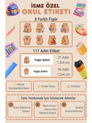 MindPad Studio 117 Adet Kapibara Temalı Isme Özel Okul Etiketi Seti, Capybara Etiket, Yüksek Çözünürlüklü, Parlak Yüzey Defter Kitap Kalem Matara Sticker