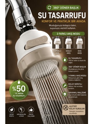Suvia Musluk Başlığı 360° Döner 3 Fonksiyonlu Su Tasarruflu Mutfak Lavabo Musluk Ucu Aparatı