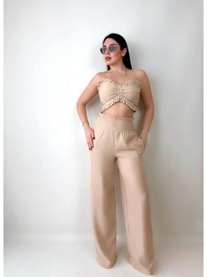 Twomeey Kadın Keten Kumaş Gipeli Crop ve Pantolon Ikili Takım (Renkli)