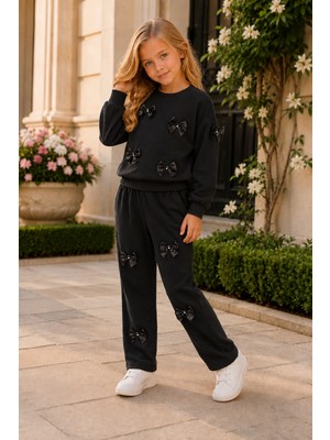 Zepkids Kız Çocuk Fiyonk Detaylı Sweatshirt ve Eşofman Altı Siyah 2'li Takım