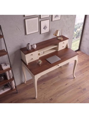 Roys Ahşap 100 cm 5 Çekmeceli Krem Ceviz Raflı Masif Çalışma Masası
