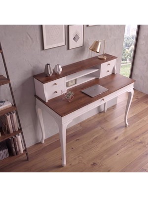 Roys Ahşap 100 cm 5 Çekmeceli Beyaz Ceviz Raflı Masif Çalışma Masası