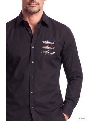 Paul & Shark Erkek Pamuklu Logo Desenli Normal Kalıp Uzun Kollu Siyah Gömlek 16313801-011