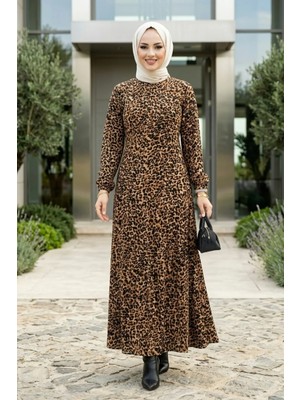 Harman Butik Kadın Fermuarlı Leopar Desenli Viskon Tesettür Elbise