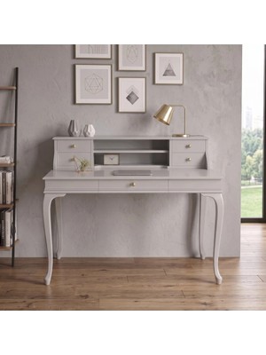 Roys Ahşap 120 cm 5 Çekmeceli Açık Gri Raflı Masif Çalışma Masası