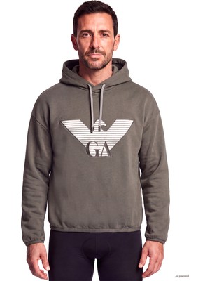 Emporio Armani Erkek Kartal Logo Işlemeli Kapüşonlu Ipek ve Pamuk Karışımlı Uzun Kollu Haki Sweatshirt EM006473 AF28006-U6139