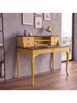 Roys Ahşap 110 cm 5 Çekmeceli Sarı Ceviz Raflı Masif Çalışma Masası