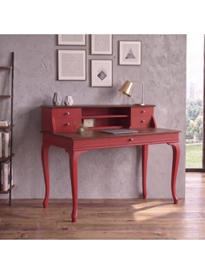 Roys Ahşap 110 cm 5 Çekmeceli Kırmızı Ceviz Raflı Masif Çalışma Masası