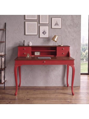Roys Ahşap 120 cm 5 Çekmeceli Kırmızı Ceviz Raflı Masif Çalışma Masası